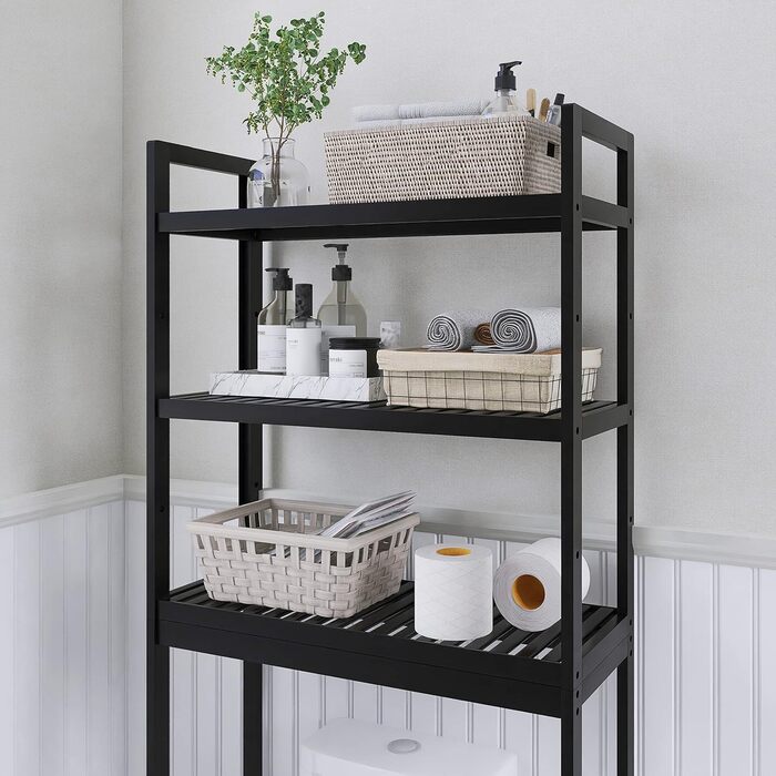SMIBUY Toilet Shelf, Bamboo Toilet Rack, Adjustable Washing Machine Shelf, Bathroom Shelf with 3 Storage Layers, Space-Saving, Easy to Assemble (Black)