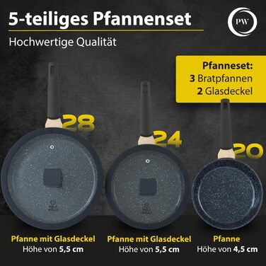 Набір сковорідок Pela Welle® Induktion, 5 предметів: 3 сковороди з покриттям та 2 кришки, чорний колір | Сковорода для індукційної плити, керамічне покриття, без PFOA, PFAS, PTFE