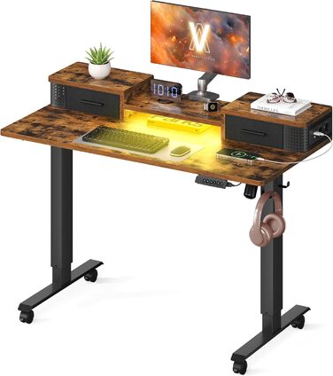 VASAGLE Electric Standing Desk - Adjustable Height, 140x60cm, with Monitor Stand, Power Strip, Hooks, Memory Function - Vintage Brown