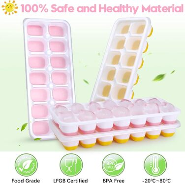 Силіконова форма для льоду з кришкою, BPA-free, набір 8 шт. Штабельний контейнер для кубиків льоду, сертифікат LFGB, для коктейлів, віскі та кави (2 рожеві + 2 жовті)