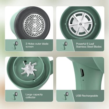 Електричний пристрій для видалення пуху та ниток, 3 леза, 2 швидкості, USB, для одягу та тканини (блакитно-зелений)