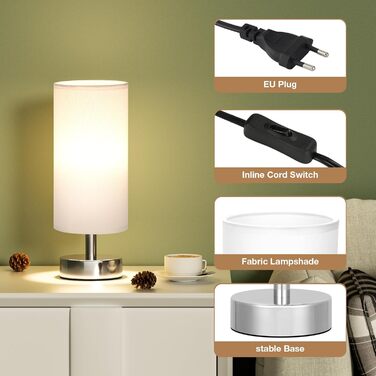 Нічна лампа Kakanuo з 3 колірними температурами, біла торшер з вимикачем, льняний абажур, маленька лампа для вітальні, спальні, офісу, дитячої кімнати (LED лампа в комплекті), біло-чорний колір (білий+срібний)