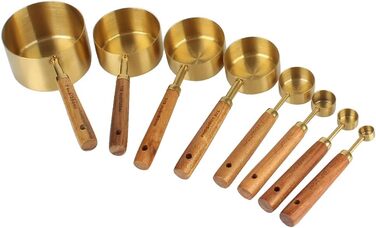 Measuring cups and spoons with wooden handles, 8-piece set, coffee bar scale, kitchen accessories (Gold)