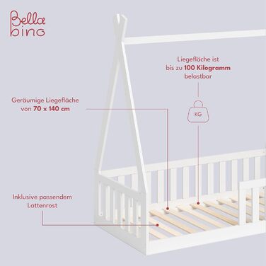Bellabino Tajo Tipi Bed Base for Children 70x140 cm, House Bed made of Solid Pine Wood with Fall Protection/Fence and Slatted Frame in White for Children from 3 Years 70 x 140 cm White