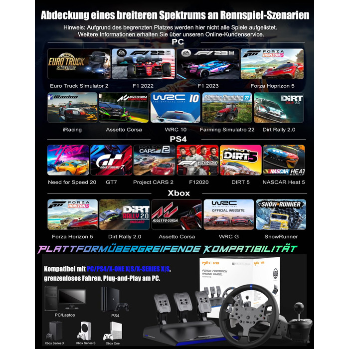 PXN V99 ігровий кермо з педалями та перемикачем передач – 3.2 Nm Force Feedback, 270°/900°, 11.8 дюймів, 4 лопаті перемикання передач, додаток Tools – кермо для PC, Xbox та PS4