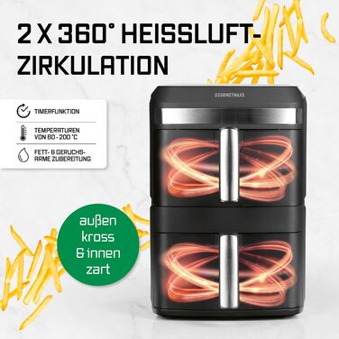 Фритюрниця повітряна GOURMETmaxx 4.5L з цифровим дисплеєм, 1400W, автоматичне вимкнення, захист від перегріву, миється у посудомийній машині, чорний (2x6L)