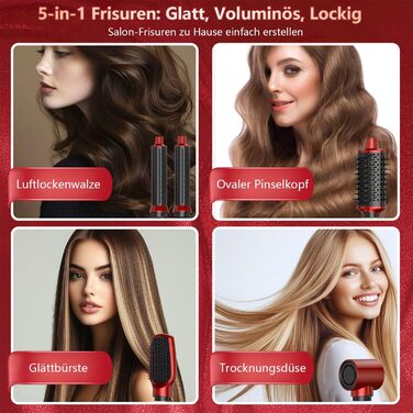 Фен-щітка 5 в 1 для волосся: стайлер, плойка, об'єм, для жінок, з Європокою (червоно-чорний)