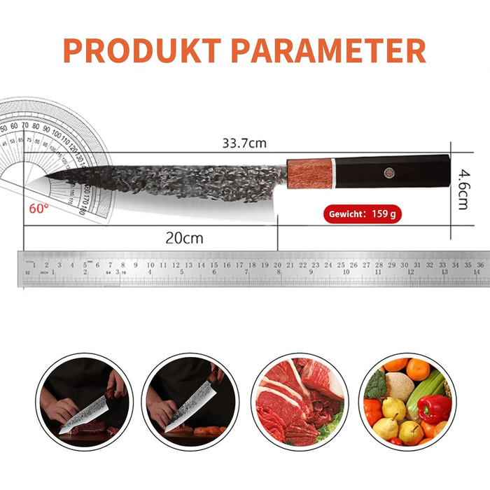 Японський ніж Plys: професійний кухонний ніж для м'яса, 20 см, з високоякісної нержавіючої сталі