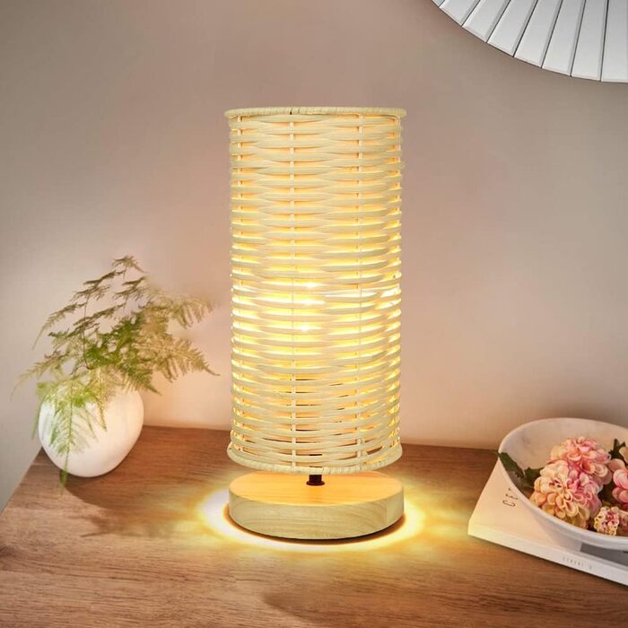 Сучасна LED лампа Depuley на стіл, бамбук та дерево, кругла, з абажуром з ротангу, 60 Вт, патрон E27, нічник, лампа для читання в спальню, дитячу кімнату, з лампою, Rund-1