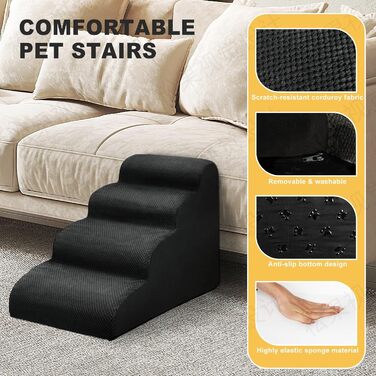 Сходинки для собак, 4 сходинки, для ліжка та дивана, з щільного поролону, знімний чохол, для маленьких собак, колір чорний