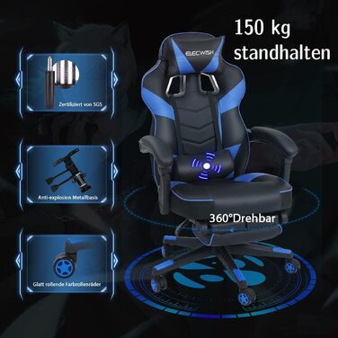 Геймерське крісло Fullwatt Racing з масажем, підставкою для ніг та регульованою спинкою (90-150°) - Сіро-чорне, PU шкіра, для дорослих