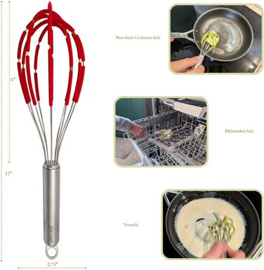 Силіконовий вінчик для збивання з лопатками, нержавіюча сталь 18/10, антипригарне покриття, безпечний для сковород, ергономічна ручка, ідеально підходить для змішування, збивання та перемішування, 27.9 см, червоний