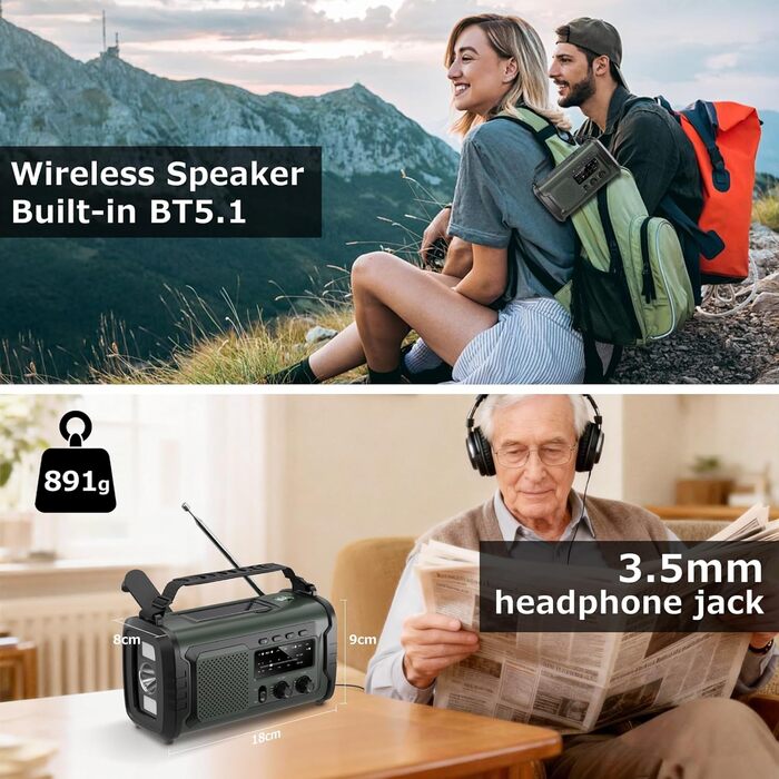 Радіо на сонячній батареї та ручному приводі 27000mAh з Bluetooth, FM/AM, SOS сигналом, динаміком та підключенням для навушників (Зелений)