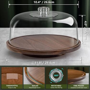 Тортене плата ANBOXIT з підставкою, тортовий стійка з кришкою, плата для тортів з акриловим покриттям, дерев'яна тортене плата з кришкою, акрилова кришка, обертова