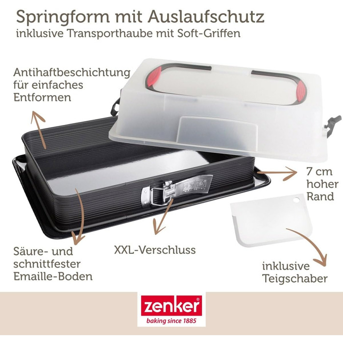 Zenker Rectangular Springform Pan with Lid DELUXE, Cake Transport Box with Enamel Base, Baking Sheet with Lid (Color: Black/Transparent/Red), Quantity: 1 Piece