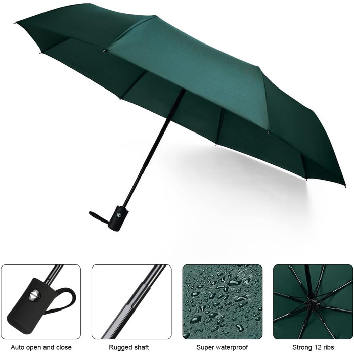 Віклуон парасолька автоматична, 8 спиць, тефлонове покриття, компактна, для подорожей, гольф, темно-зелена