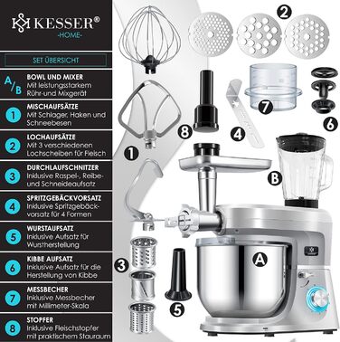 Кухонна машина KESSER 3 в 1 KM 3000 з м'ясорубкою, міксером та соковитискачем, 5.5л, срібна