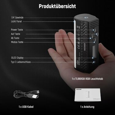 NEEWER LED відеоліхтар з магнітним кріпленням та штативом, RGB, 2500-8500K, 2500mAh, TL96RGB