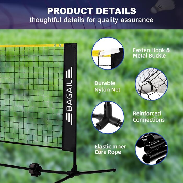 BAGAIL Portable Badminton Net Set - Adjustable Height, 4.2M, Yellow/Black - for Badminton, Tennis, Volleyball