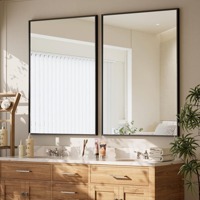 Дзеркало настінне прямокутне BEAUTYPEAK 81x61 см з металевим каркасом, безпечне, для ванної, спальні, вітальні (Чорний)