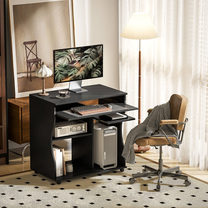 HOMCOM Computer Desk, Rolling Desk, Office Desk with Keyboard Tray, Storage, PC Table Black 80 x 48 x 75 cm | Aosom