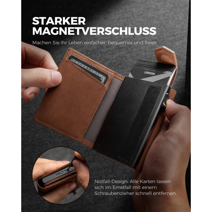 Чоловіче картхолдер LORZOR з магнітною застібкою: slim wallet з відділенням для монет, RFID захистом, вміщує 10 карт, коричневий