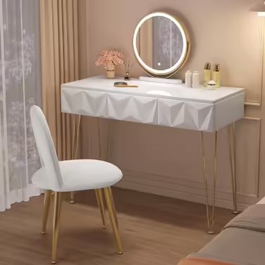 EUGAD Vanity Table with Stool and Mirror, 360° Swivel Makeup Mirror, Dressing Table Cosmetic Table with 2 Drawers, Upholstered Velvet Stool, 3D Effect Drawer, White and Gold (100x40cm, with LED Lighting)