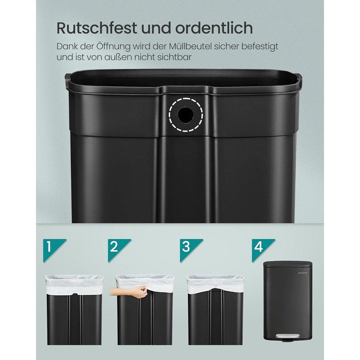 Відро для сміття SONGMICS 50 л з педальним механізмом, сталеве, з м'яким закриттям, чорне