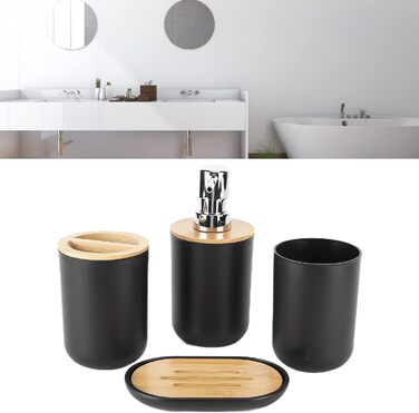 Набір аксесуарів для ванної кімнати на 4 частини (тримач для зубних щіток, мильниця, дозатор для лосьйону, стакан для ополіскувача), сучасний дизайн, чорний колір