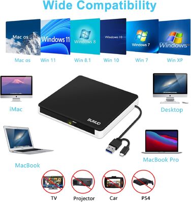 Зовнішній CD/DVD привід BU USB 3.0 & Type-C, DVD+/-RW ROM записувач з картридером SD/TF та USB-портами для ноутбука, PC, MacBook, Windows 11/10, macOS (чорний/білий)