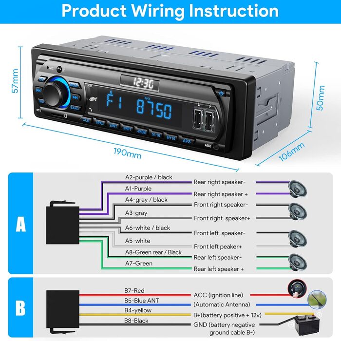 Автомобільна магнітола RDS Bluetooth 9-24V, FM/AM 1DIN, гучний зв'язок, 7 кольорів підсвітки, 2 USB, MP3-плеєр, AUX, SD, незалежний годинник, 30 радіостанцій