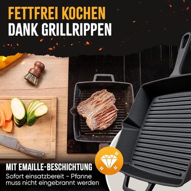 Чавунна гриль-сковорода емальована 26 см, з рифленим дном для стейків, підходить для всіх плит