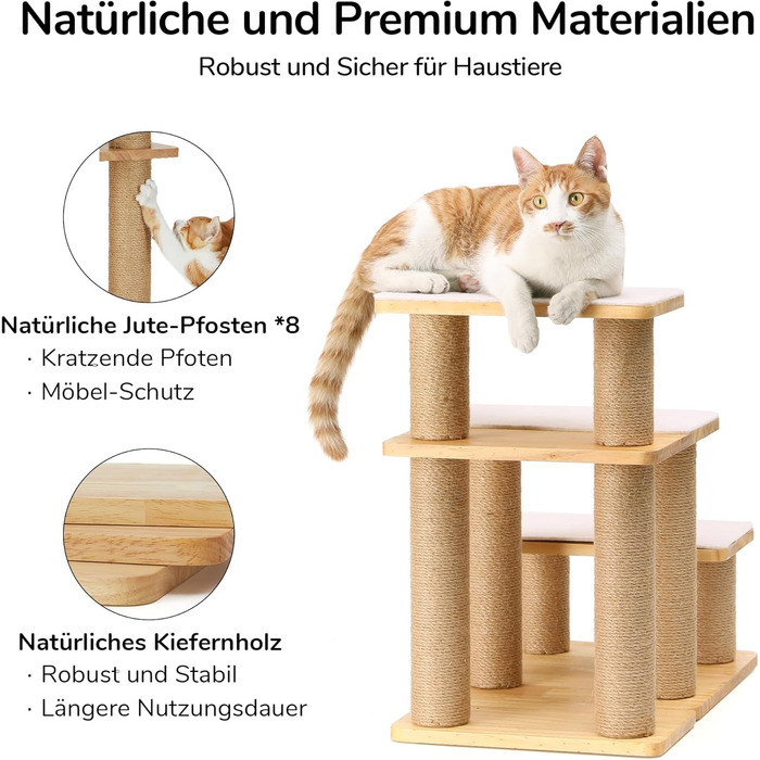 Сходинки для собак FUKUMARU: 3 сходинки з натурального дерева та джуту, регульована висота 18-51 см, витримують до 90 кг, знімний м'який підвішун