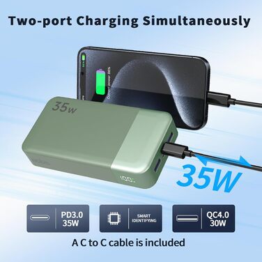 Power Bank Nobis 20000mAh з LED дисплеєм, 35W USB-C, 4 порти, для MacBook, iPhone 15, Samsung S23 (зелений)