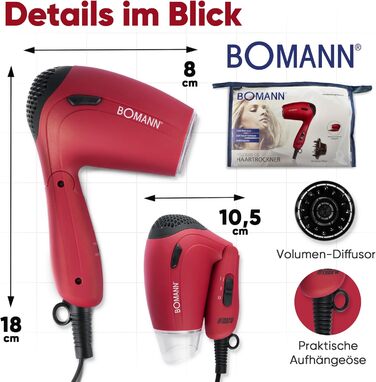 Фен Bomann® HTD 8005 CB червоний: компактний туристичний фен 1200W з дифузором та сумкою | 2 режими | 110/230V