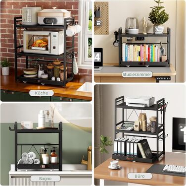 Регульована мікрохвильова полиця NETEL 2-ярусна, полиця над мікрохвильовою піччю, підставка для мікрохвильовки, кухонна полиця для стільниці, полиці для випічки, кухонна полиця з тримачем для напоїв та кошиком, чорна, висувна 40-60 см (3-ярусна з 2 тримач