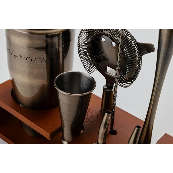 Набір для коктейлів Mint&Mortar 7 шт. з бамбуковим підставкою, з нержавіючої сталі, барменський набір з інструментами для дому та професійного використання, 680 мл, міксер (чорний) з щіткою золота