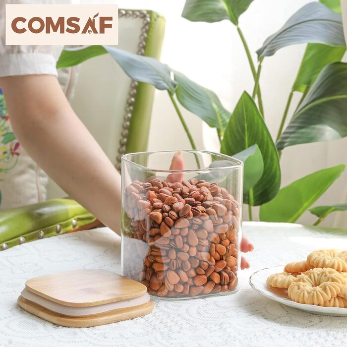 Набір скляних банок ComSaf 800/1100/2100 мл з кришками, 3 шт. Герметичні ємності для зберігання продуктів, макаронів, борошна, цукру, мюслі. Скляні контейнери для кухні, діаметр 10 см, квадратні.