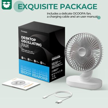 Портативний USB вентилятор OCOOPA Rotateair 6.5'' з акумулятором 4000mAh, 4 швидкості, тихий (30dB), для дому, офісу, кемпінгу, сріблястий