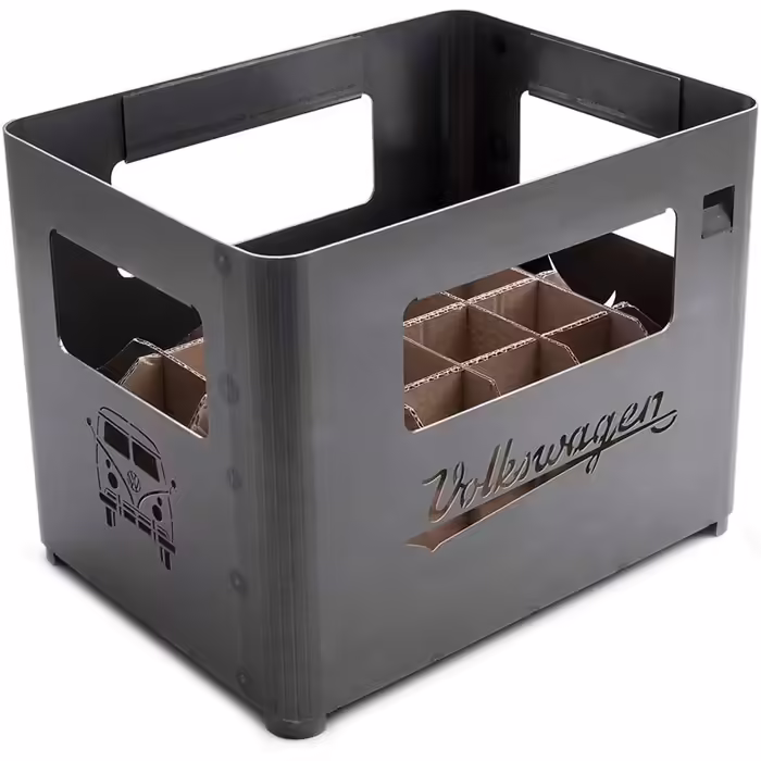 BRISA VW Collection - Volkswagen Fire Basket Grill Bowl made of Corten steel in beverage crate form Multifunctional (Black/Corten steel)