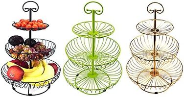 Металевий кошик для фруктів та овочів з ручкою - 3 яруси, великий, з нержавіючої сталі, з циркуляцією повітря (45 см, Ø30-24-16.5 см), золотий