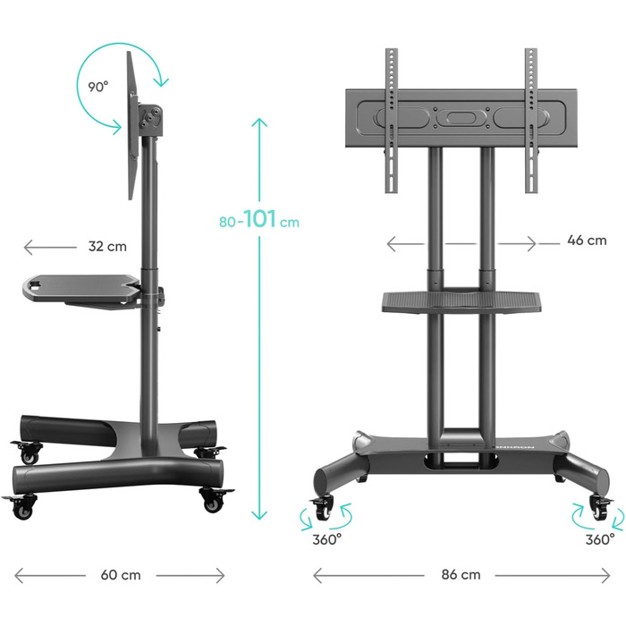 ONKRON Mobile TV Stand with Wheels - Adjustable Height & Tilt for 32-70 inch TVs (up to 45kg) - VESA 600x400 - Black