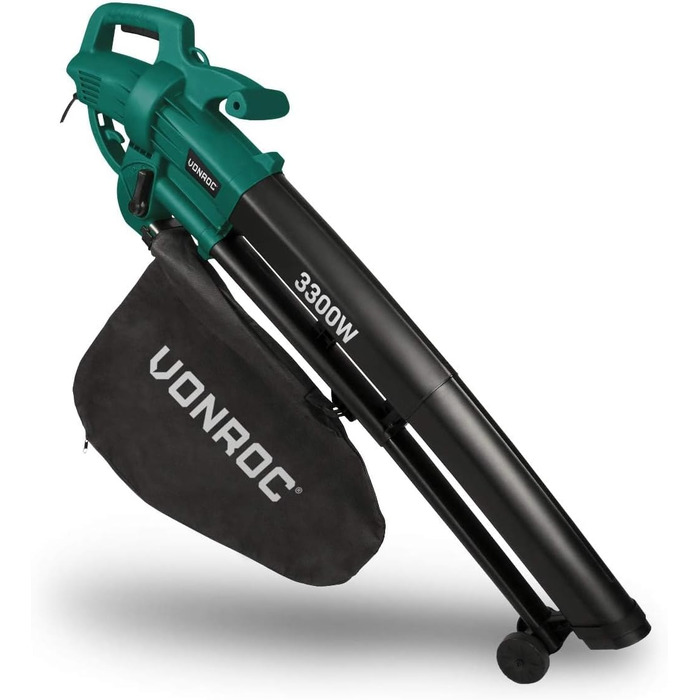 VONROC Electric Leaf Blower 3300W - 3-in-1 Leaf Collector Function - Blow 270km/h, Vacuum, Shred - Includes 40L Collection Bag