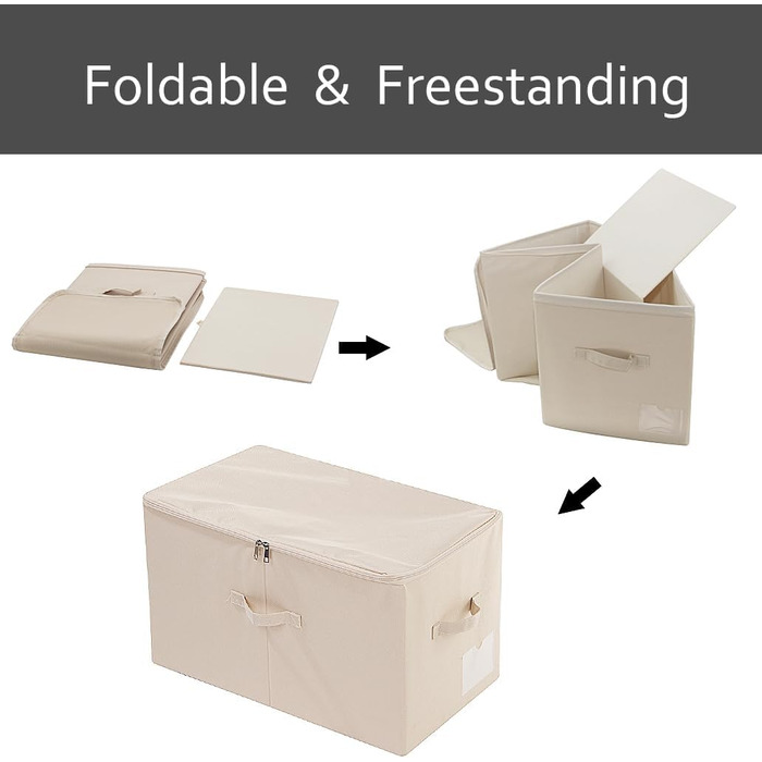 Amonseen 2 Large Foldable Fabric Storage Boxes with Zipper Lid for Queen/King Size Bedding, Winter Clothes in Bedroom Closet, Beige