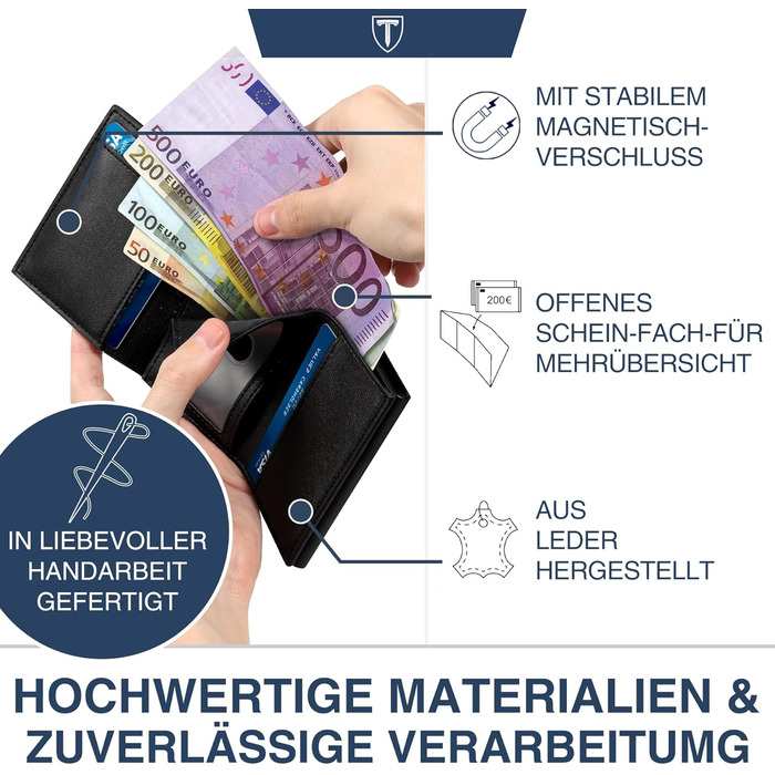 Чоловічий гаманець з відділенням для монет та RFID захистом, шкіряний, slim модель, 10 відділень для карток, чорний