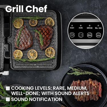 Grill Chef Electric Contact Grill and Sandwich Toaster 2100W, Removable Heating Plates, 2in1, 180° Foldable, Non-Stick Coating, Drip Tray, Acoustic Notifications (SILVER)