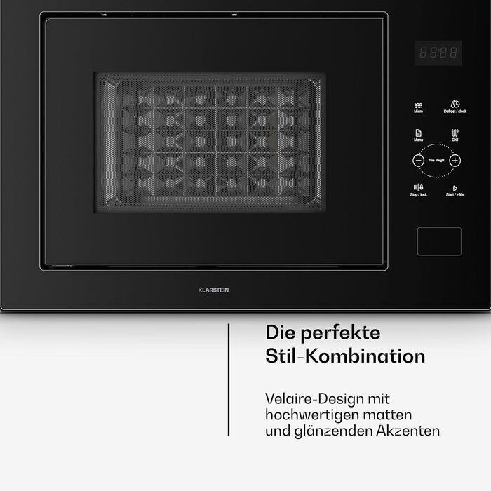 Вбудована мікрохвильова піч Klarstein Velaire 60 см з грилем – 25L, 850W, 8 програм, сенсорне керування, нержавіюча сталь, таймер, білий (чорний)