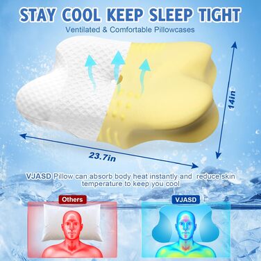 Ортопедична подушка для шиї VJASD з ефектом пам'яті (Memory Foam) — ергономічна подушка від болю в шиї, регульована по висоті для сну на боці, з дихаючим чохлом (Біла, 60 x 35 см)