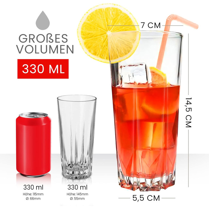Cocktail Glasses Set of 12, 330ml, Dishwasher-Safe Drinking Glasses, Ribbed Glasses for Cocktails, Water, Juice, Mojito, Long Drinks