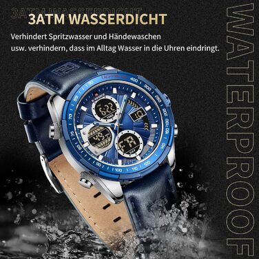Навіфорс чоловічий військовий годинник з цифровим та аналоговим дисплеєм, кварцовий, водонепроникний, спортивний, багатофункціональний, з ремінком з натуральної шкіри (сріблястий+блакитний)